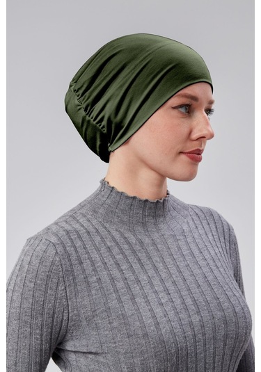 Kadın Tesettür Hazır Pratik Geçmeli Bone Lastikli Kaymaz Haki Haki