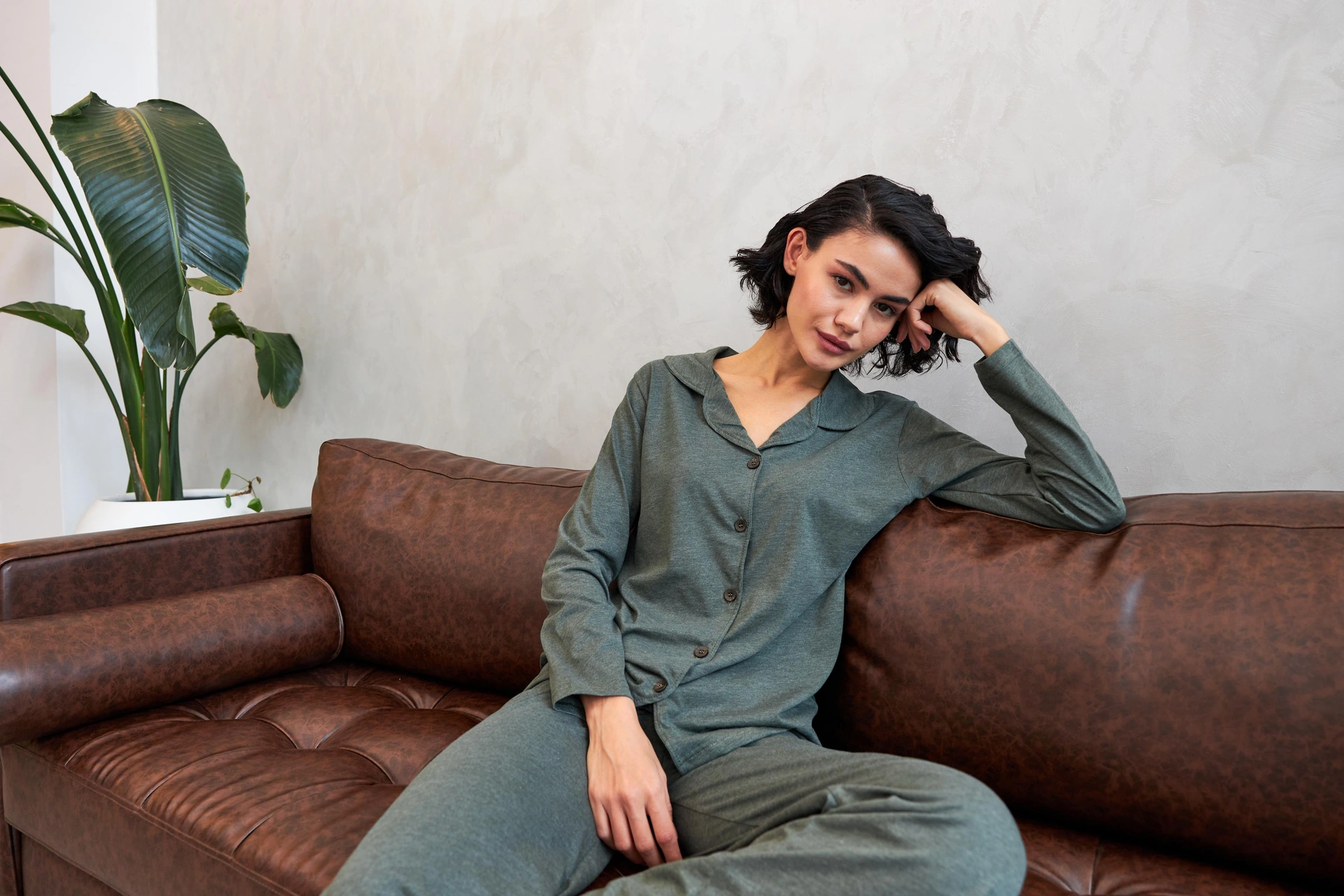 Akbeniz Kadın Haki Düğmeli Pamuklu Pijama Takımı Haki