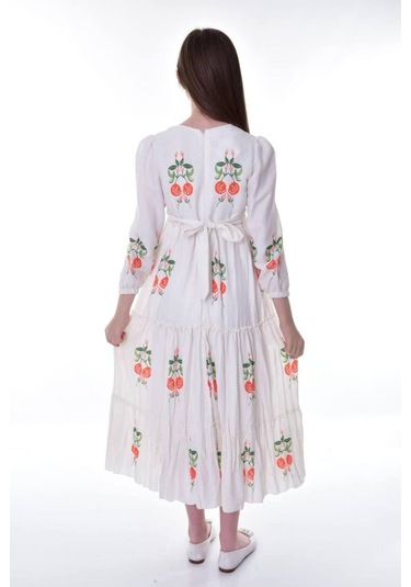 Kız Çocuk Pamuklu Keten Uzun Boydan Astarlı Elbise Koyu Turuncu-krem