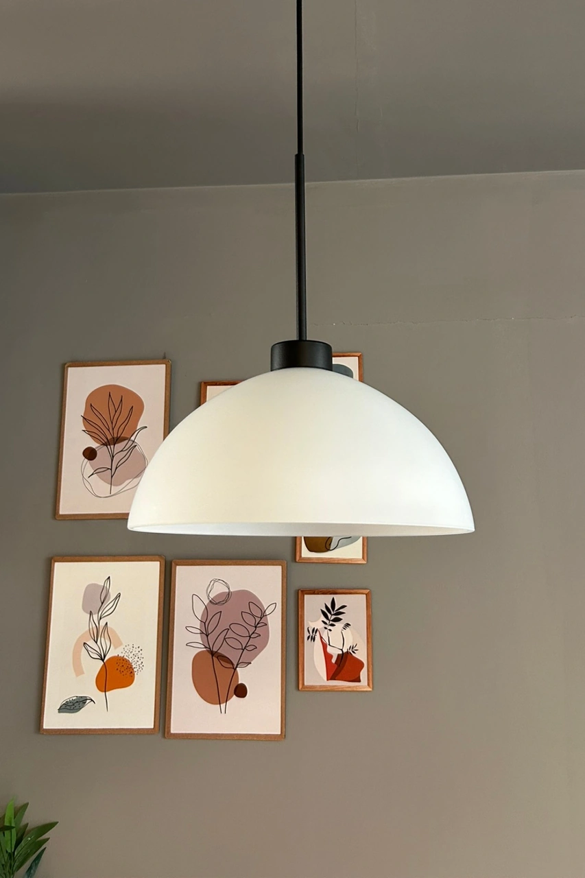 Perry Beyaz Cam Tekli Avize İnce Siyah Başlık Retro Sarkıt Lamba Restoran Salon Aydınlatma Bal