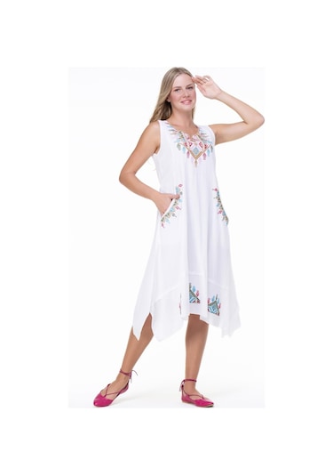 Kolsuz Şile Bezi Antik Nakışlı Midi Boy Elbise Beyaz Byz-beyaz