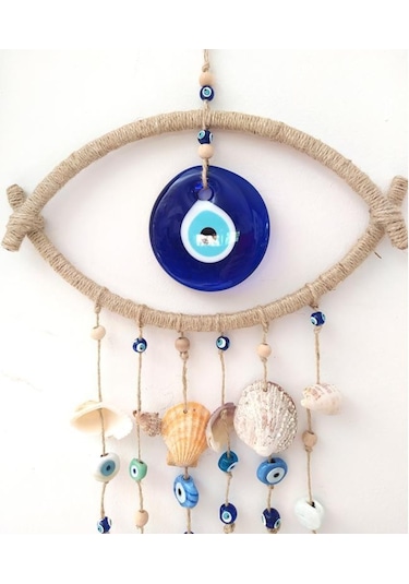 Hdmarketim Nazar Boncuklu Hasır Deniz Kabuklu Duvar Süsü Rüzgar Çanı 11319 Mavi