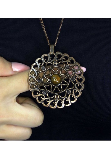 Doğal Taş Sitrin Doğal Taşlı Yuvarlak Model Antik Kadın Kolye Euk47s Sarı