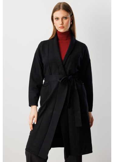 On Kadın Büyük Beden Beli Kuşaklı Şal Yaka Hırka 60900 Siyah Siyah