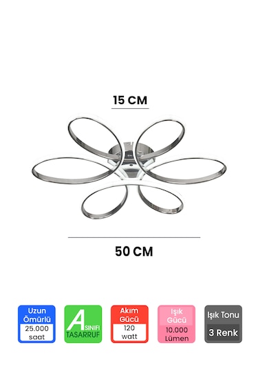 Ransom 3 Renk Kumandalı Plafonyer Led Avize Krom Büyük Salon Papatya Led