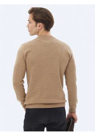 Deve Tüyü Bisiklet Yaka Desenli Yün Karışımlı Triko Kazak Bej