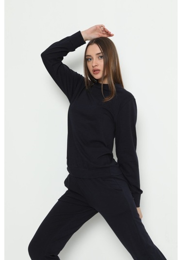 Kadın Bisiklet Yaka Pamuklu Uzun Kollu Pijama Takımı Lacivert Renkli 28243 Lacivert