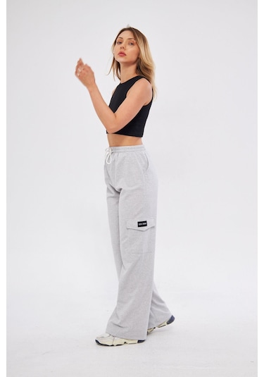 Lesa Wear Kargo Cepli Palazzo Pantolon Oversize Kesim Gri Melanj