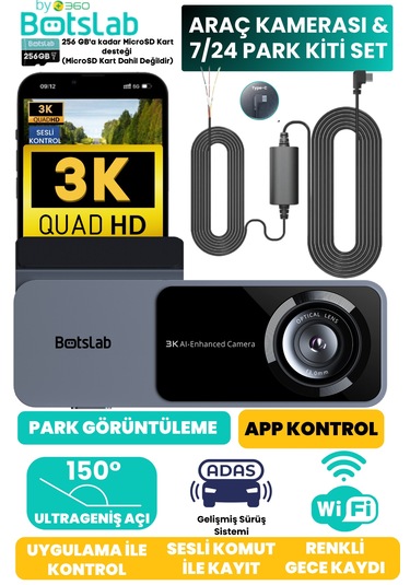 +360 Botslab Hk50 Set / 3k Qhd Wifi 150 Ultra Geniş Açı Gece Görüşlü Akıllı Araç Kamera + Park Kiti