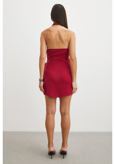 Uterpe Halter Yaka Derin V Dekolteli Mini Elbise Bordo