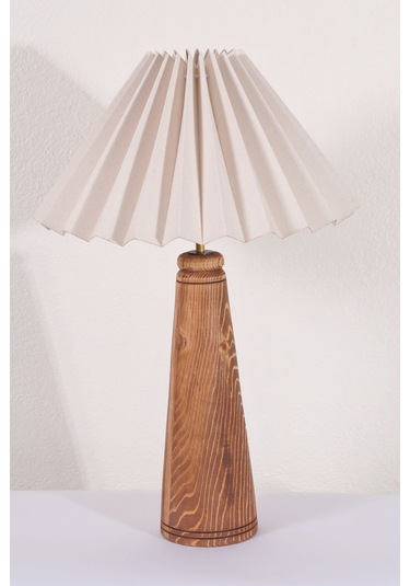 El Yapımı Ahşap Pileli Masa Lambası Abajur Krem  Krem Yükseklik Krem