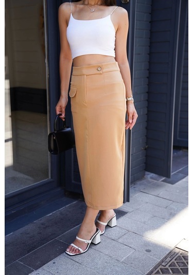 Uzun Düğmeli Etek Bej