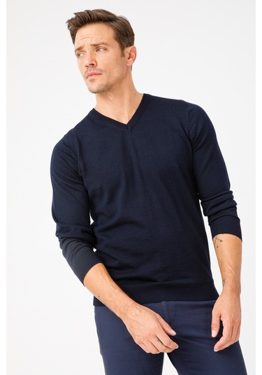 Erkek Basic V Yaka İnce Triko Kazak K.lacivert K.lacivert