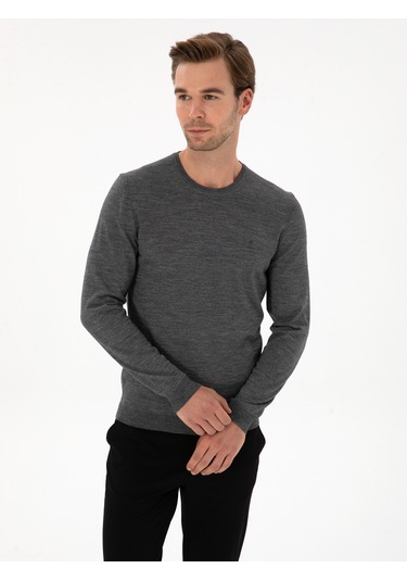 Cacharel Füme Slim Fit Yün Karışımlı Bisiklet Yaka Basic Triko Kazak Gri