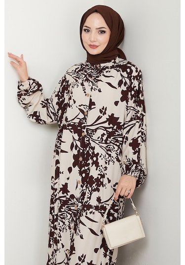 Dilşen Düğmeli Dokuma Viskon Elbise 1562 - Kahve Kahve