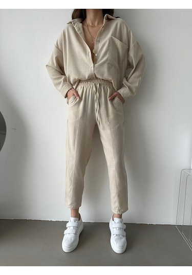 Kadın Oversize Keten Gömlek Pantolon Alt Üst Takım Taş