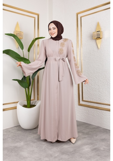 Nevayla Moda Sol Tarafı İnci Detaylı Ferace - Bej / F0140 Bej