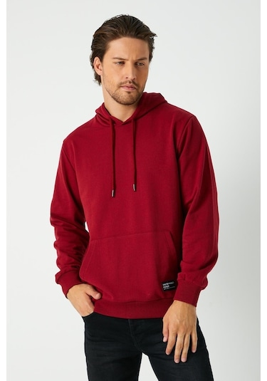 MMetalic Bordo Erkek Kapüşonlu Kanguru Cepli Sweatshirt