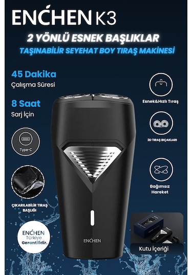 Enchen K3 Siyah Taşınabilir Seyahat Boy Mini Şarjlı Tıraş Makinesi