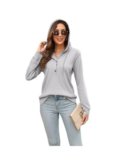 Novahub İlkbahar/sonbahar Kadın Kapşonlu Sweatshirt - Waffle Kravat - Uzun Kollu - Mavi Boy: S, M, L, Xl, Xxl Mavi