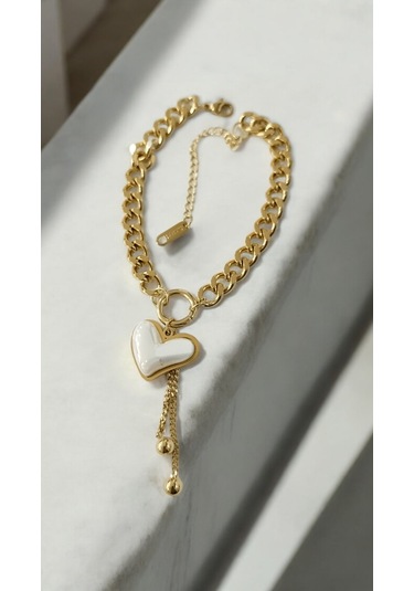 Kadın Çelik Sedef Taşlı Kalp Bileklik Altın Renk Çelik