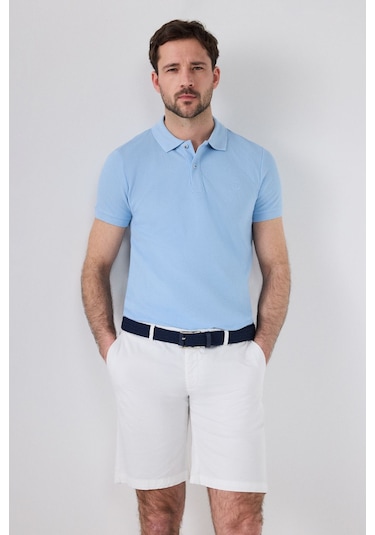 Ds Damat Regular Fit Açık Mavi Pike Dokulu %100 Pamuk Kıvrılmaz Polo Yaka Nakışlı T-shirt 4HC14ORT51000 Açık Mavi