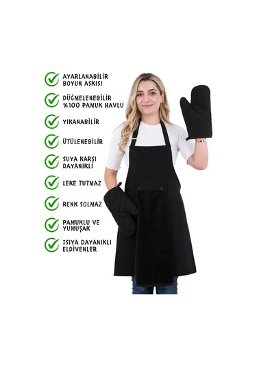 Star Ayar Askılı Havlulu 4lü Mutfak Önlüğü Seti 2 Eldiven Siyah-siyah-siyah