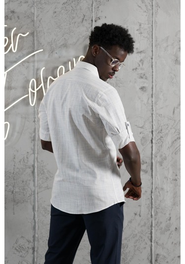 Advante İnce Çizgili Yaka Düğmeli Katlamalı Kol Pamuklu Slimfit Yazlık Keten Gömlek Mavi