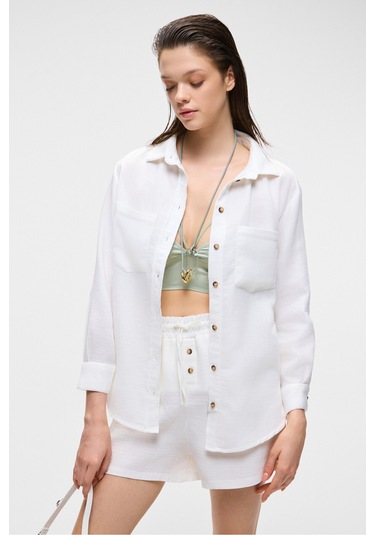 Rea Kadın %100 Pamuk Müslin Kumaş Rahat Kesim Düğmeli Regular Fit Ekru Gömlek