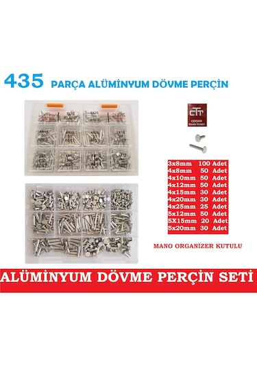 Alüminyum Dövme-Ezme Perçin Seti 435 Parça -Farklı Ölçülerde Set