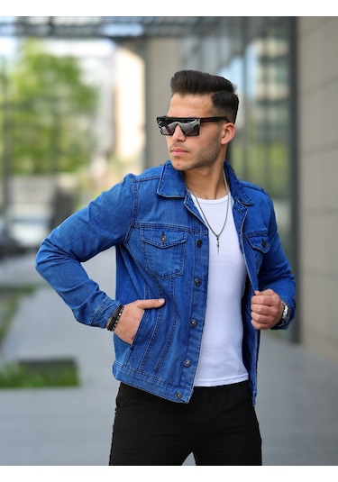 Mavi Renk Düğmeli Kot Ceket Mavi