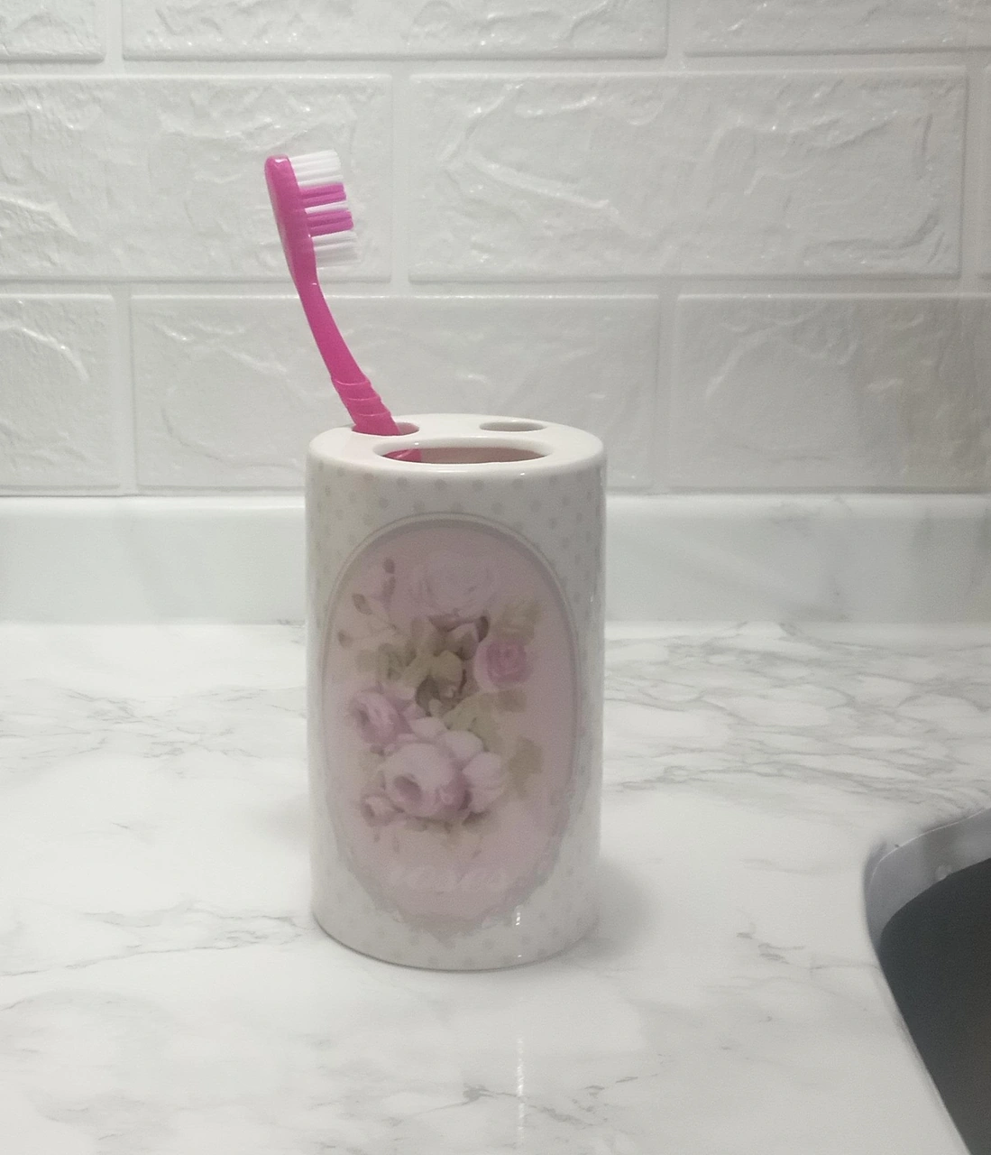 2 Adet Seramik Diş Fırçalık Bahar Desenli 7x7x11cm Banyo Seti Çok Renkli