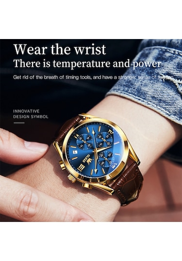 Olevs 2872 Erkekler Üç Göz Altı İğne Kronograf Su Geçirmez Kuvars Saat Mavi + Altın