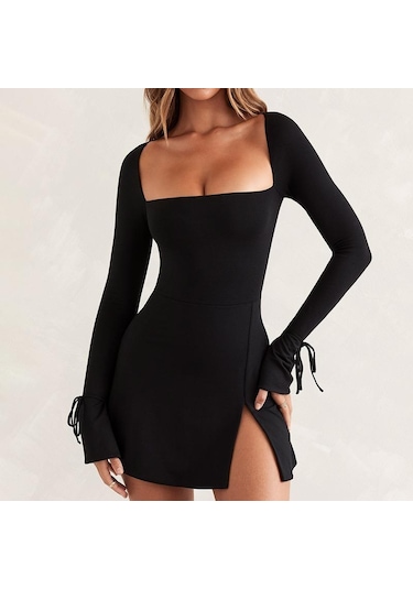 Kadın Sonbahar Ve Kış Yeni İpli Uzun Kollu Düz Renk Kare Yaka Dar Kesim Yüksek Bel Yırtmaçlı Elbiseler Yeşil