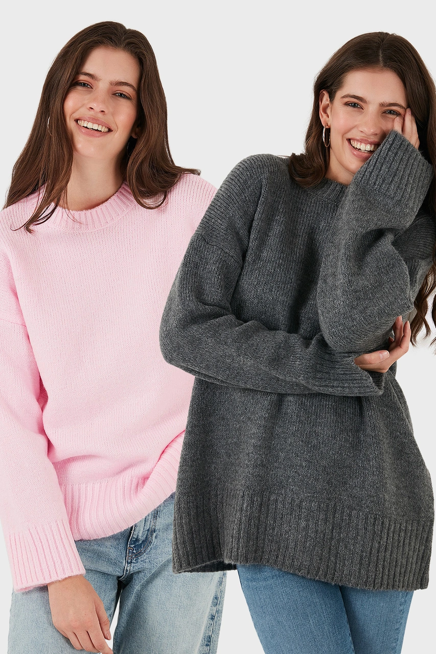 Lela Regular Fit Bisiklet Yaka Basic 2'Li Paket Triko Bayan Kazak 4616213S2 Toz Pembe-Antrasit