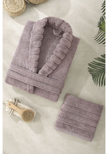 Pamuklu Havlu Ve Bornoz 2 Li Set Antrasit Mürdüm