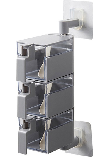 Kosona Duvar Üstü 3 Bölmeli Baharat Kutusu Seti - Deliksiz Yapıştırıcı Montaj - Gri Renk - 3 Kaşık Dahil Diğer