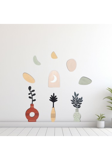 Cajuart 9 Parça Dekoratif Ahşap Sanasal Vazo Çiçek Pastel Renk Duvar Tablo Seti Ahşap Dekor