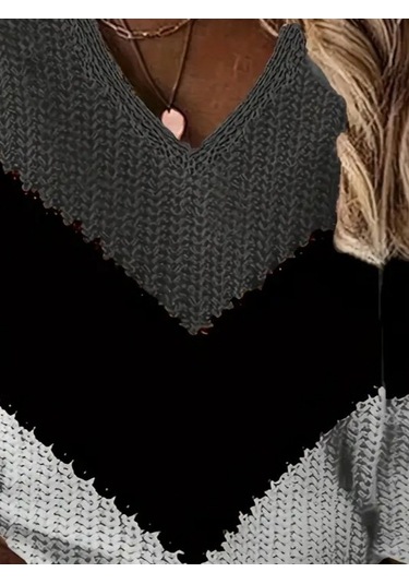 Kadın Uzun Kollu V Yakalı Triko Bluz Antrasit Melanj