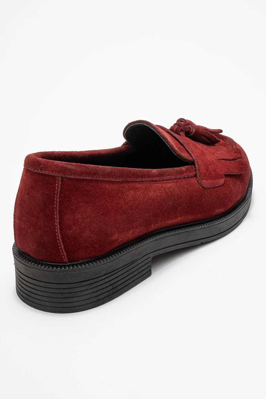 Milina Bordo Süet Püsküllü Hakiki Deri Kadın Loafer Ayakkabı Bordo
