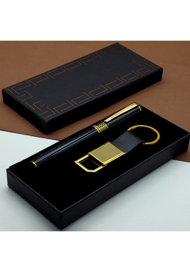 Büro Ev Ofis Hediyesi İçin Kutulu Siyah Kalem Golden Deri Anahtarlık Seti