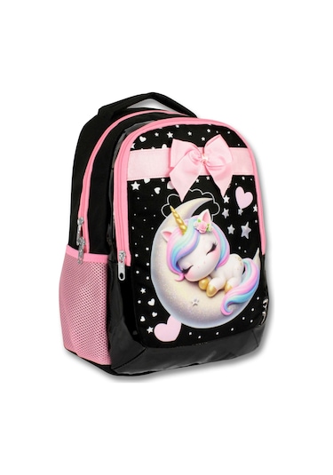 Cennec 5060 Uykucu Unicorn - Siyah Pembe - Kız Çocuk Okul Çantası - Kurdela Detaylı Siyah - Pembe