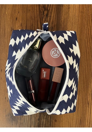 Etnik Zikzak Desenli Duck Kumaş Makyaj Çantası Navajo Tarzı Su Geçirmez Astarlı Seyahat Çantası Mavi