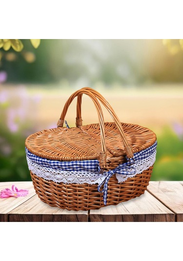 Homyl Piknik Sepeti Kırsal Pratik Hasır Depolama Park Açık Mavi Kareli Çok Renkli