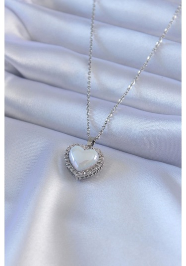 316l Çelik Gümüş Renk İncili Kalp Model Zirkon Taşlı Kadın Kolye Çok Renkli
