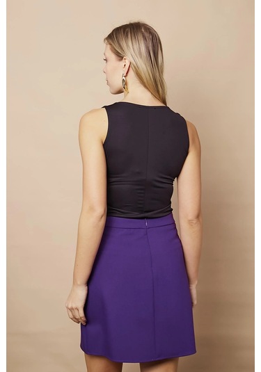 Kadın Diz Üstü Yüksek Bel Önü Düğmeli Cep Kapaklı Hafif Likralı Kumaş Çan Etek-mor Mor