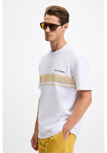 Lamıne Erkek Baskı Ve Nakış Detaylı %100 Organik Pamuk Bisiklet Yaka Regular Fit Beyaz T-shirt