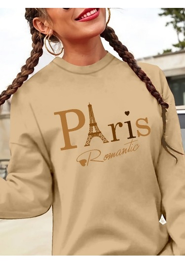 Stilaura Kadın Uzun Kollu Bisiklet Yaka Yazılı Kısa Viskon Iki Iplik Elbise Kahverengi