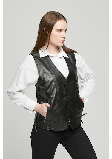 Hakiki Deri Yandan Ayarlanabilir Bağcıklı Yelek Siyah Renk Siyah