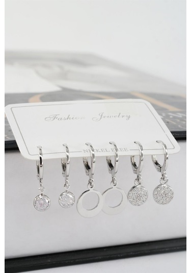 Kadın Zirkon Taşlı Sallantılı Oval Figürlü Klipsli 6'lı Küpe Seti Çok Renkli